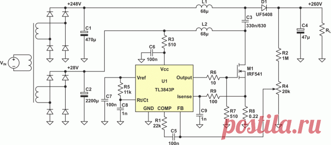 Два варианта преобразователя SEPIC - TL3843P.
Рисунок 3 демонстрирует схему проверенной работоспособной конструкции с напряжением вольтодобавки, создаваемым верхней вторичной обмоткой трансформатора. Преимущество этого преобразователя, в отличие от других аналогичных решений, состоит в том, что напряжение вольтодобавки и регулируемое напряжение имеют общую землю.