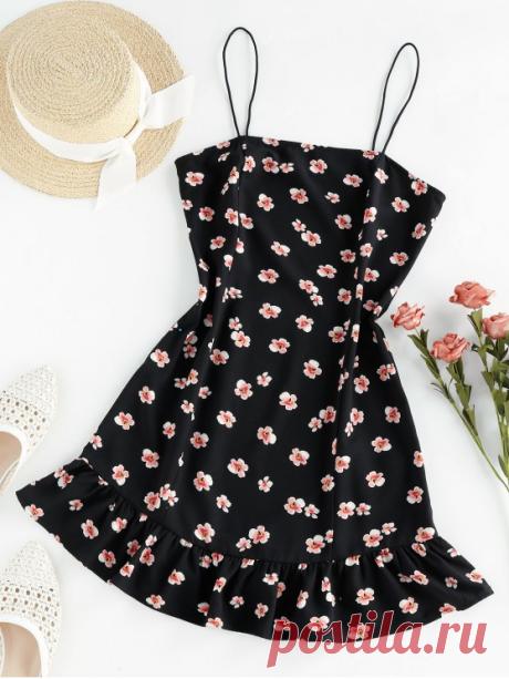 ZAFUL Flounce Floral Print Cami Dress   BLACK [22% OFF] [HOT] 2020 ZAFUL Flounce Floral Print Cami Dress In BLACK | ZAFUL    Style: Fashion Occasion: Cocktail & Party,Day Material: Polyester,Polyurethane Silhouette: A-Line Dresses Length: Mini Collar-line: Spaghetti Strap Sleeves Length: Sleeveless Pattern Type: Floral Season: Summer With Belt: No Weight: 0.2000kg Package: 1 x Dress