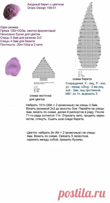 Ажурный берет с цветком от Drops - Головные уборы - Модели вязания - Главная - ПомоГаюшка