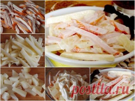 Салат "Соломка"
Один из самых вкусных и простых в приготовлении салатов.
Ингредиенты: 
2 яблока,
350 г копченой курицы,
300 г консервированного ананаса,
майонез (вкуснее с домашним),
соль и молотый перец по вкусу.
Приготовление: 
1. Яблоки почистить и порезать соломкой. Рекомендую брать кисло-сладкие яблоки, с ними салат вкуснее. 
2. Консервированные ананасы порезать сломкой. Можно использовать свежие спелые ананасы. 
3. Копченое мясо порезать соломкой. 
4. Выложить ананас...