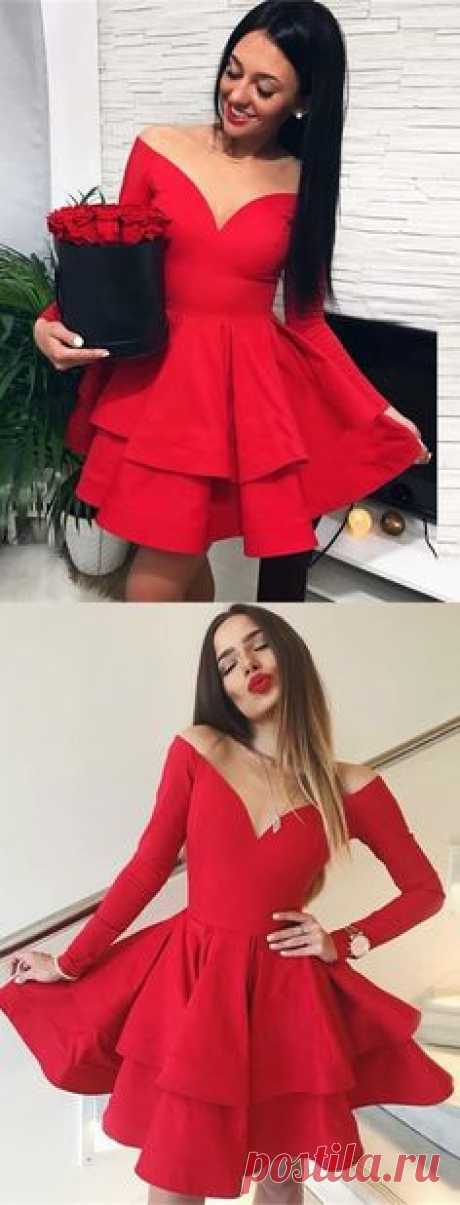 off the shoulder red short homecoming dresses, long sleeve semi foraml dress for teens girls , simple stain tiered homecoming dress, v neck prom party dress short