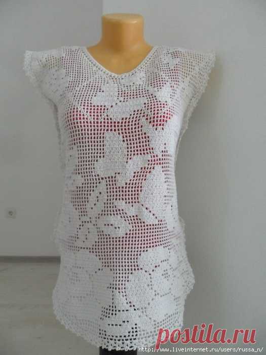 Летняя туника "бабочки и розы", филейное вязание