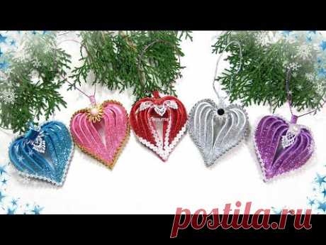 Ёлочные игрушки из фоамирана, сердечко своими руками / diy christmas ornaments  glitter foam heart