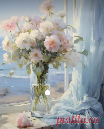 a vase filled with pink flowers sitting on top of a table next to a window