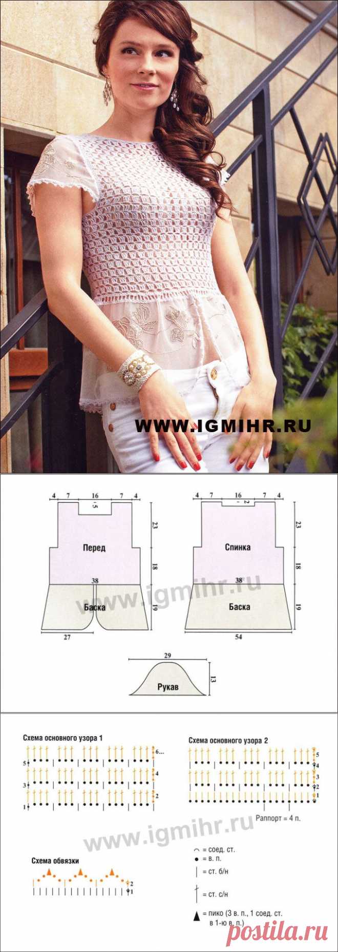 Сочетание ажурного вязания крючком и ткани. Нежная кофточка с ажурной баской