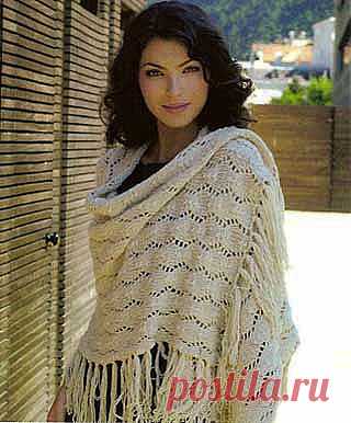 Ажурный бежевый палантин, связанный спицами. Описание + схема/Шали. Палантины. Платки. Пончо. Накидки. Пелерины./Вязание/Статьи / Шитье, вязание, рукоделие, бисероплетение