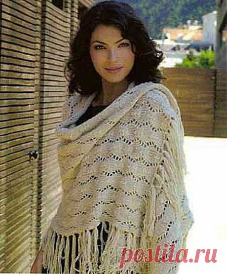 Ажурный бежевый палантин, связанный спицами. Описание + схема/Шали. Палантины. Платки. Пончо. Накидки. Пелерины./Вязание/Статьи / Шитье, вязание, рукоделие, бисероплетение
