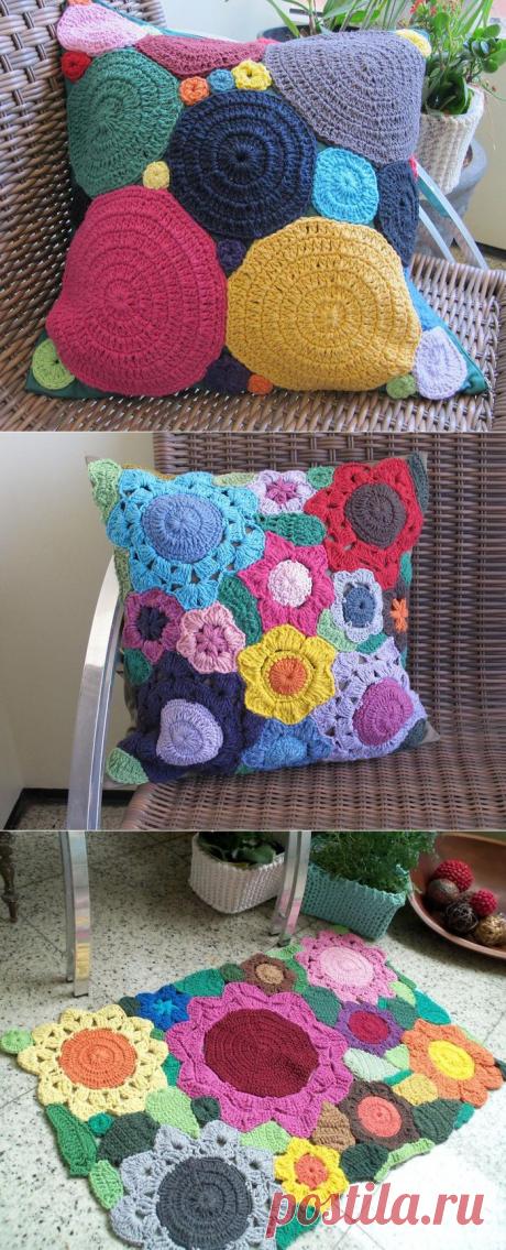 Идеи для вязания крючком чехлов для подушек, ковриков. /