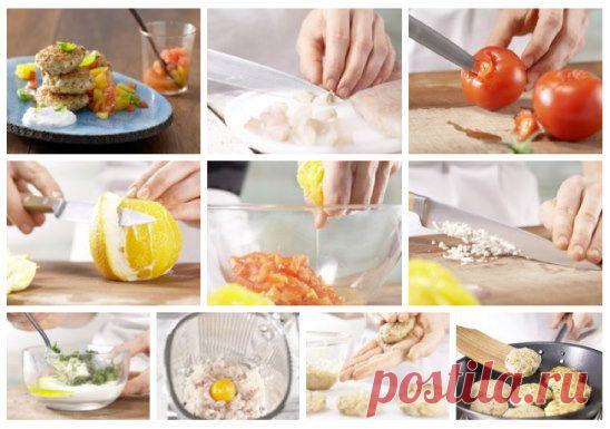 Пряные рыбные котлеты с апельсиново-томатной сальсой