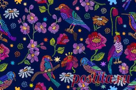 Bordado De La Vendimia Con Los Pájaros, Las Manzanillas, Las Amapolas Y Los Tulipanes En Fondo Azul Marino. Colección De Textiles De Arte Popular. Ilustraciones Vectoriales, Clip Art Vectorizado Libre De Derechos. Image 80835476.