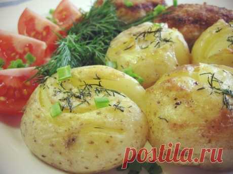 Запеченный картофель

Очень вкусный и ароматный картофель. Подходит в качестве гарнира к любому мясу и рыбе,
да и сам по себе - вполне себе:))
Нам понадобится:
картофель
чеснок
ваши любимые ароматные травы
оливковое или сливочное масло
крупная соль
Можно брать любой картофель с тонкой шкуркой (предпочтительно, но не обязательно, молодой). Помыть хорошенько, но не чистить, желательно подбирать клубни одинакового размера и не крупные. Отварить до готовности, остудить, затем ...