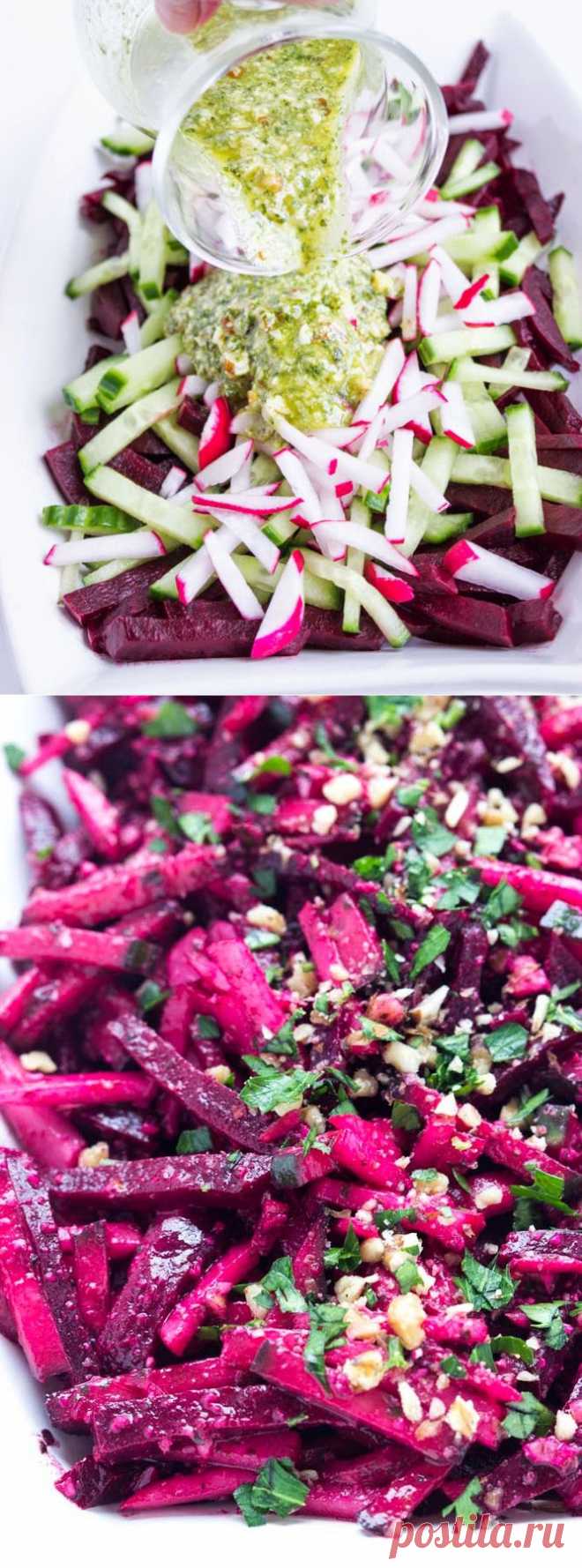 Салат из свеклы, огурцов, редиса под базиликовой заправкой.