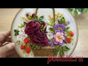Усовершенствованный дизайн вышивки лентами - Цветы и клубника в корзинке