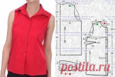 Blusa sin mangas, con cuello vuelto en el mostrador. Patrón para el tamaño 44 (рос.). 
# ropa de paisano # cosas simples # costura # blusa # blusa # patrón