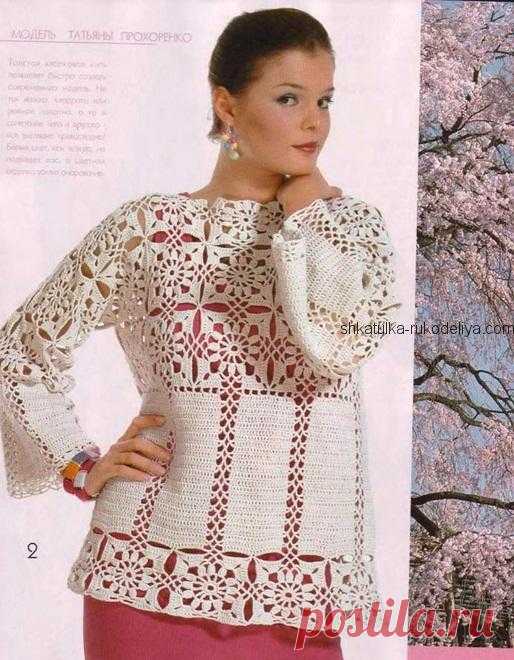 Летний джемпер мотивами Летний джемпер мотивами крючком. Джемпер с красивой кокеткой женский