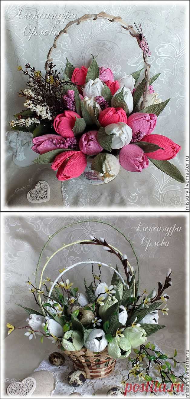 Конфетный букет в корзинке. ТЮЛЬПАНЫ и ВЕРБА.