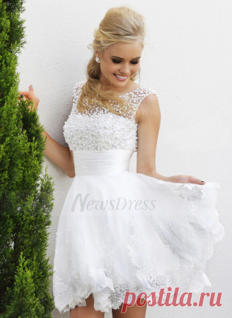 A-Line/Princess Scoop Neck Short/Mini Tulle Lace Wedding Dress With Beading (0025057321) - Vbridal