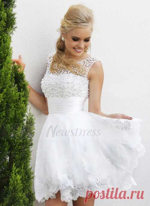 A-Line/Princess Scoop Neck Short/Mini Tulle Lace Wedding Dress With Beading (0025057321) - Vbridal