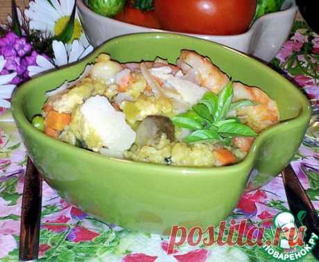 Ризотто с курицей, грибами, креветками и овощами - кулинарный рецепт