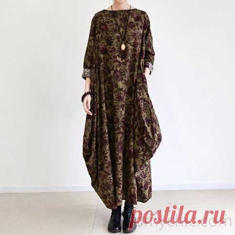 2016 fall brown baggy long sleeve linen dresses long cotton maxi dress oversized cotton clothing