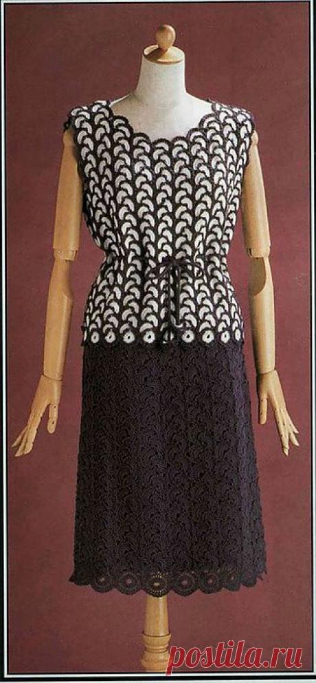 Топ и юбка крючком (ленточное кружево).