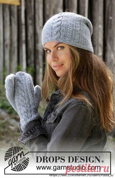 Комплект из шапки и варежек Meet the Dawn by DROPS Design
Размеры: S / M - M / L
Окружность головы: ок. 54/56 - 56/58 см
Варежки (длина): прибл. 28-30 см.
Для всего комплекта потребуется пряжа: DROPS SKY (альпака, полиамид, шерсть; 50гр=190мт) по 200-200 грамм, цвет 13 (light jeans blue).
Инструменты:
Спицы 3 мм круговые (40 или 60 см), чулочные.
Спица для кос.
Плотность:
23петель в ширину и 48 рядов в высоту платочной вязкой – 10х10 см.
Платочная вязка рядами:
1 р...