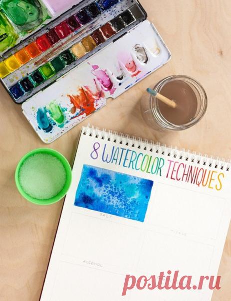 8 методов рисования акварелью для начинающих 1. Соль. 2. Тканевый слой. 3. Спирт. 4. Восковый карандаш. 5. Чернильная ручка. 6. Капли воды. 7. Брызги. 8. Прозрачность.