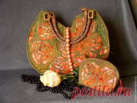 Купить Лоскутная сумка &quot;Коралловые розы&quot;. Серия &quot;Розы&quot; - коралловый, рисунок, роза, Витраж