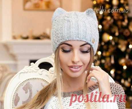 Женская шапка Кошка спицами. Схема, описание - https://petelki.com.ua/2016-zhenskaya-shapka-koshka.html