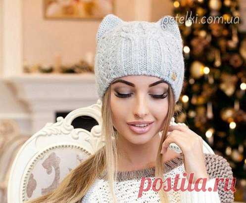 Женская шапка Кошка спицами. Схема, описание - http://petelki.com.ua/2016-zhenskaya-shapka-koshka.html