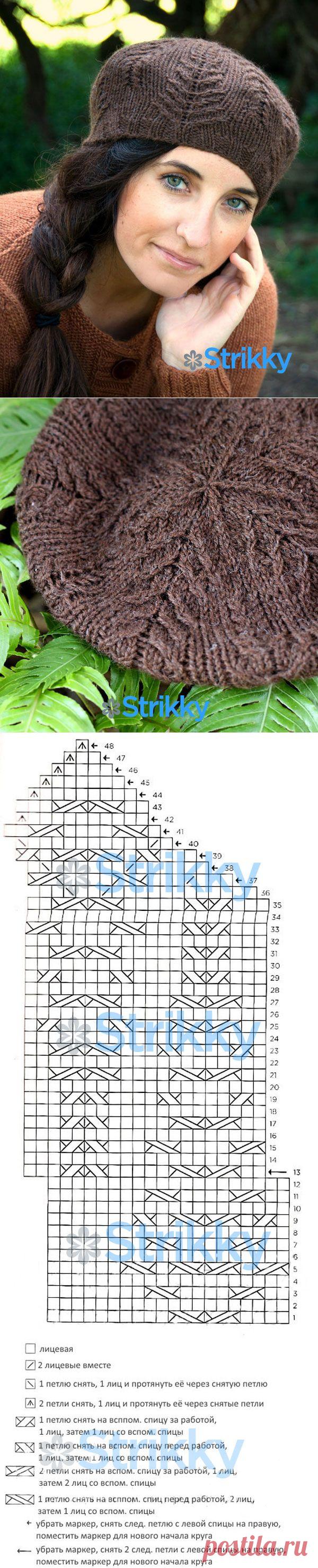 Берет от Alana Dakos, вязаный узором «Папоротник», вкруговую спицами