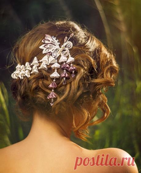 Chloris Ivory &amp; Wisteria Bridal Headpiece Silk Flowers Butterfly Swarovski…