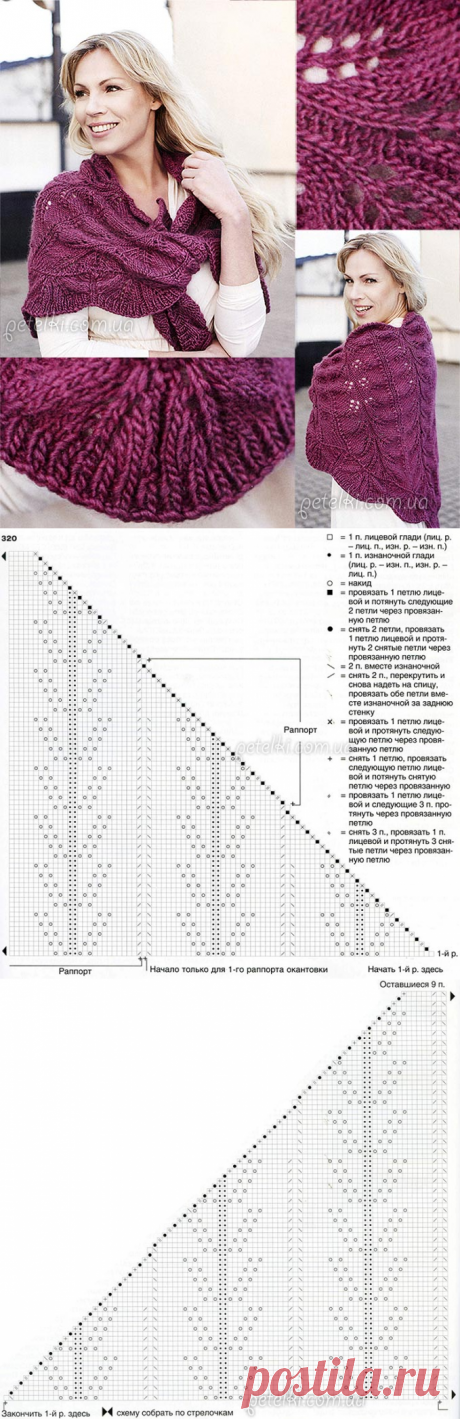 Шаль спицами с ажурным узором. Описание вязания, схема