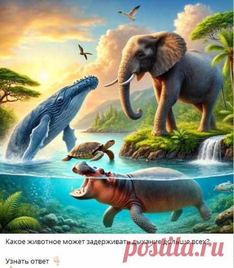 Какое животное может задерживать дыхание дольше всех?
🔘слон
🔘кит
🔘морская черепаха
🔘бегемот
Узнать ответ 👇🏻 

Ответ в телеграм канале &quot;Интересные Викторины с ответами&quot;
Каждый день новые  Викторины
ссылка в описании