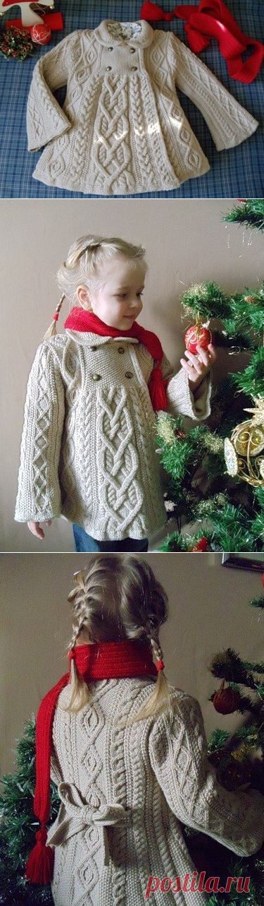 Вязание: пальто с аранами для девочки спицами.