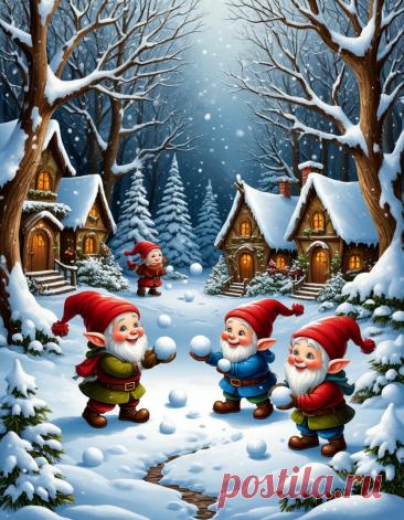 Заснеженный сказочный лес, гномы играют в снежки