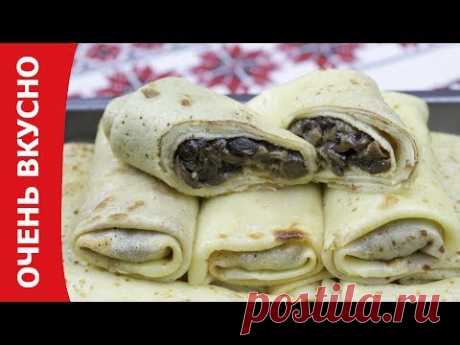 Готовим тонкие блины на манке с грибной начинкой. Очень вкусно!