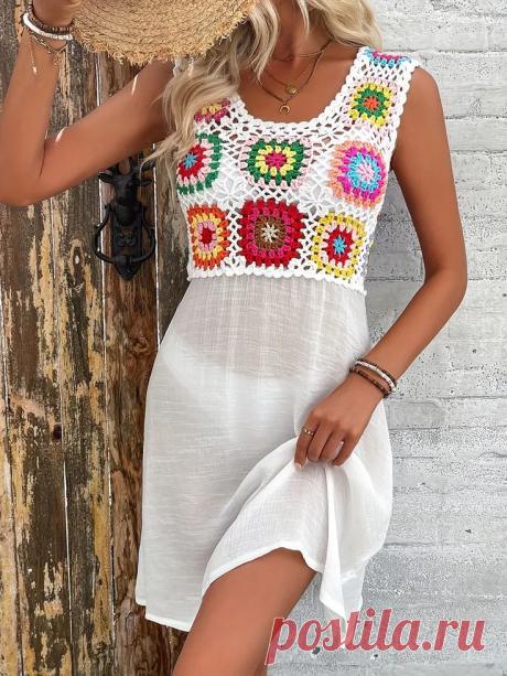 Летнее платье с вязаным лифом из бабушкиных квадратов