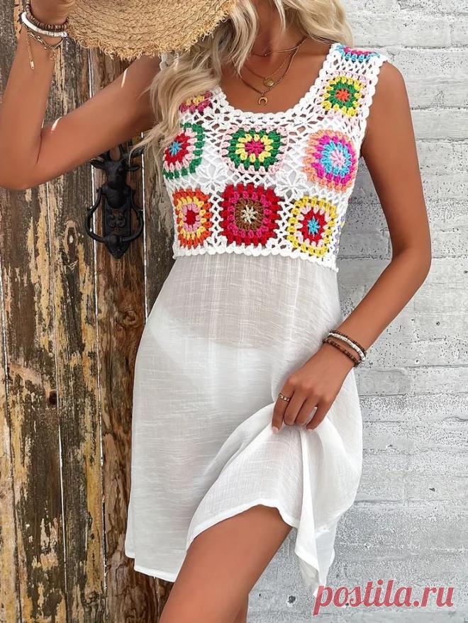Летнее платье с вязаным лифом из бабушкиных квадратов