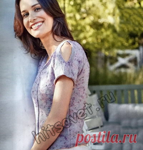 Оригинальный меланжевый топ с открытыми плечами связан спицами и лицевой, и изнаночной гладью одновременно. / Хитсовет