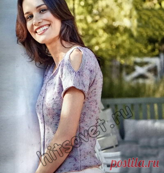 Оригинальный меланжевый топ с открытыми плечами связан спицами и лицевой, и изнаночной гладью одновременно. / Хитсовет