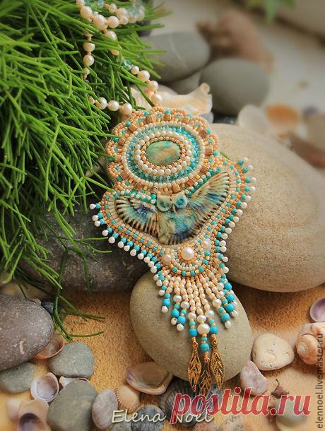 Купить Акварельная, зимняя сова. Длинный кулон - сова, кулон с камнем, кулон с совой, совушка