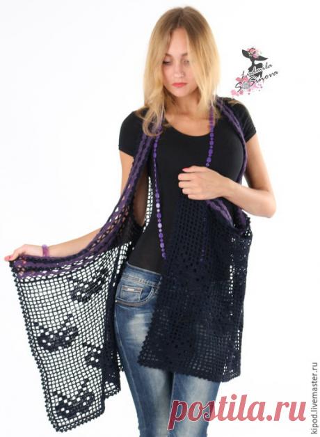 Купить "Бабочки" жилет - жилет, тёмно-синий, ажурный жилет, накидка, ажурная накидка, бабочка