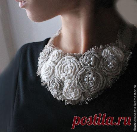 Бохо колье " Снежное" - серый,серо-белое колье,колье,колье из льна,бохо