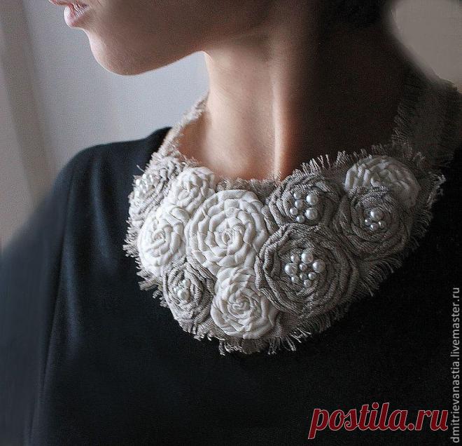 Бохо колье " Снежное" - серый,серо-белое колье,колье,колье из льна,бохо