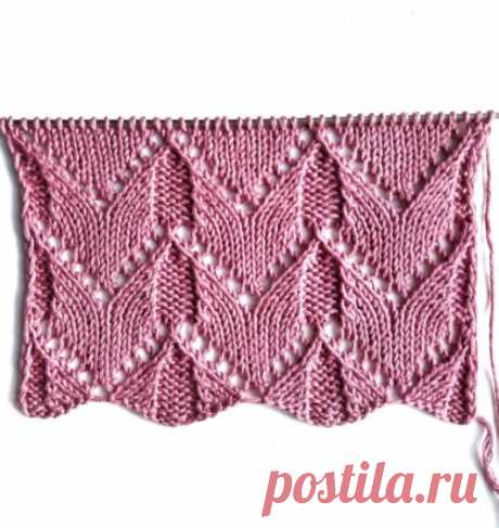 Узор с ажурными зигзагами и тюльпанами. Блог cozyhands_

Источник: https://www.instagram.com/p/CTd7y2gIEJq/

Интересный узор для вязания джемперов, кофточек, летних топов, палантинов, косынок, носков и т.д.

Раппорт узора состоит из 13 петель и 12 рядов.

Количество набранных петель должно быть кратно 13. При поворотном вязании прибавить еще 1 петлю для симметрии и 2 кромочные петли.

Описание вязания узора:

1 ряд (лицевой): кром.п., * 2 изн.п., 2 петли провязать вместе 1...