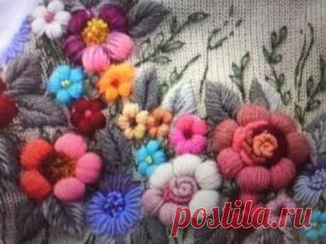 Вышивка на вязаных изделиях. Вышивка по трикотажу. Вышивка цветов. (embroidery on knitting)
