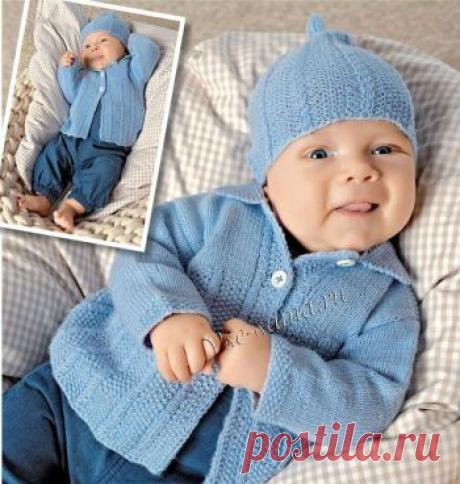 Голубое пальто, штанишки и шапочка - Пальто, курточки, пончо для малышей спицами