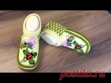 Вязаные тапочки "Скоро лето 🐝🌺🐞".раз.39.тунисское вязание+спицы