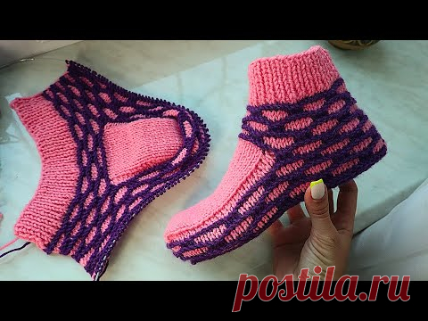 Домашние вязаные тапочки с узором. Вяжем спицами на любой взрослый размер